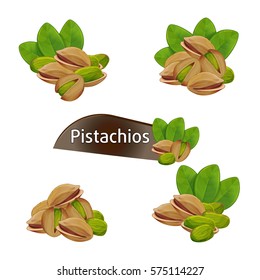 Pistachios-Kernel in der Nuss mit grünen Blättern einzeln auf weißem Hintergrund, Vektorgrafik. Bio-Lebensmittelzutat, traditioneller Imbiss. Nusssamen von Pistazien, ganz, mit Schalen.