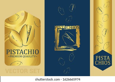 Pistachios Luxury set with circle and square brush stroke elements. Pistachio nuts premium quality label. Vintage Golden tag with dark blue color. Nut pattern with gold Brush stroke. Old nut sticker