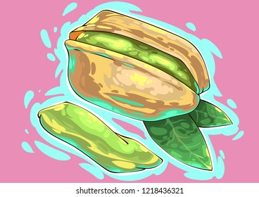 Pistachios nuts comic art with lights, sprig. Brazil nut. colorful creative gogh style smears, colorful pastel fantastic palette. modern trendy illustration. Juice effects vegetable under sunshine.