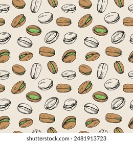 Pistachios nuts seamless pattern. Hand drawn engraved repeating background with nuts. Vector illustration. Organic food ingredient. Design for label, card, print, paper, wrapping, textile, wallpaper