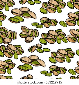 Pistachios pattern including seamless on white background. Hand drawn Pistachios vector. Pistachios seeds with clipping path.