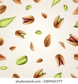 Pistachios pattern. Realistic pistachio seamless background texture, isolated 3d raw falling nuts nature organic food, salted pistaccio, health eating vector illustration of seamless pattern pistachio