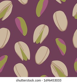 Pistachios seamless pattern vector in flat design. Traditional snack. Healthy food. Nut ornament for wallpapers, polygraphy, textiles, web page design, surface textures. Isolated on violet background.