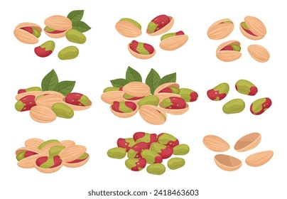 Juego de pistachos. Nueces de pistacho crudo con cáscara, bocadillos orgánicos de dieta vegetariana, conjunto de ilustración vectorial plana. Colección de pistolas de dibujos animados