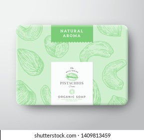 Pistachios Soap Cardboard Box. Abstract Vector Wrapped Paper Container with Label Cover. Packaging Design. Modern Typography and Hand Drawn Nuts Background Pattern Layout. Isolated.