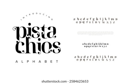 Pistachios typography beauty fashion elegant minimalist serif italic fonts decorative wedding vintage retro logos. Minimal luxury font alphabet logo. Vector illustration