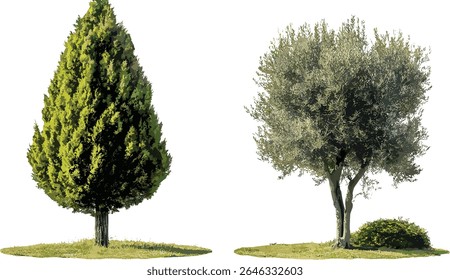 Pistacia lentiscus e Juniperus oxycedrus árvores de rua isoladas, luz natural ensolarada, ambiente da cidade, vegetação mediterrânica, elementos paisagísticos, ilustração vetorial.