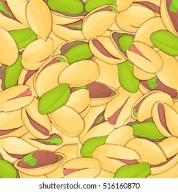 The pistatios background. Closely spaced delicious nuts vector illustration. Nuts pattern, walnut fruit in the shell, whole, shelled, leaves, appetizing looking for packaging design of healthy food