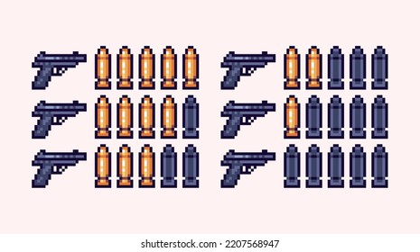 Pistol Ammo Interface Pixel Art Set. Gun Bullets Battery Collection.  8 Bit Sprite. Game Development, Mobile App.  Isolated Vector Illustration.