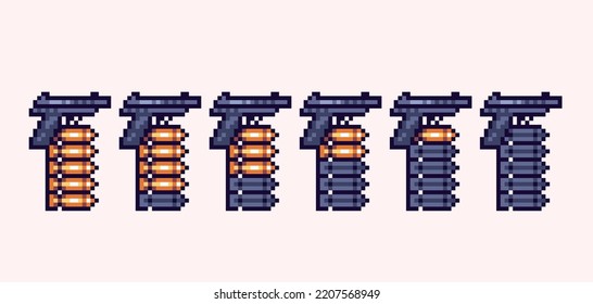 Pistol ammo interface pixel art set. Gun bullets battery collection.  8 bit sprite. Game development, mobile app.  Isolated vector illustration.
