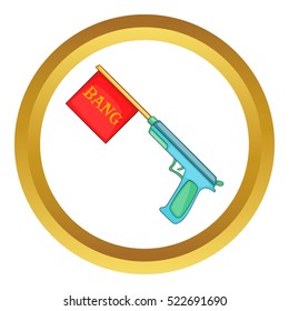 Pistol with bang flag vector icon in golden circle, cartoon style isolated on white background