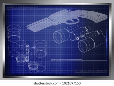 pistol and binoculars on a blue background