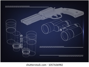 pistol and binoculars on a blue background
