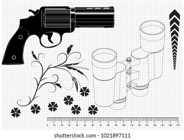 pistol and binoculars on a white background
