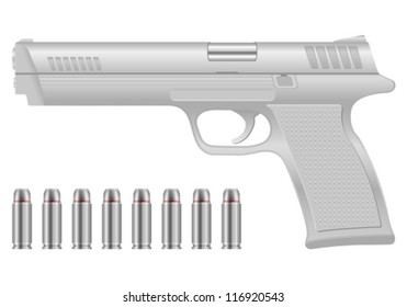 Pistol and bullets on a white background. Vector illustration.