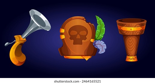 pistol; feathers; hat; skull; vector; design; graphic; illustration; blue; brown; progress; wooden cup; scarf; gold clip; insignia; reward; green;