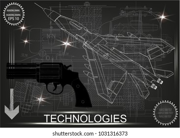 pistol and fighter on a dark background. 3d model