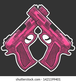 Pistol, firearm for protection. Vector in doodle and sketch style. Isolated on dark background