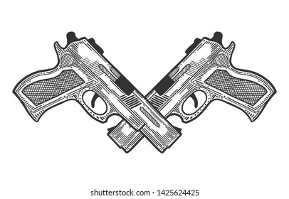 Pistol, firearm for protection. Vector in doodle and sketch style. Isolated on white background