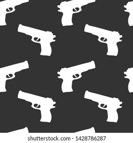 Pistol, firearm for protection. Vector in doodle and sketch style. Isolated on dark background, seamless pattern