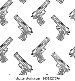 Pistol, firearm for protection. Vector in doodle and sketch style. Isolated on white background, seamless pattern