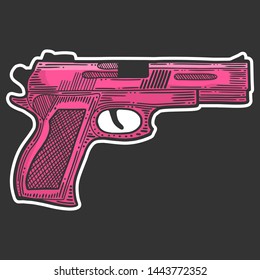 Pistol, firearm for protection. Vector in doodle and sketch style. Isolated on dark background