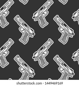 Pistol, firearm for protection. Vector in doodle and sketch style. Isolated on dark background, seamless pattern