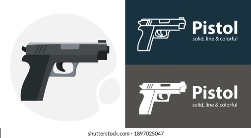 pistol flat icon, with pistol simple, line icon