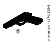 Pistol gun and bullets isometric view isolated on white background. Weapon handgun