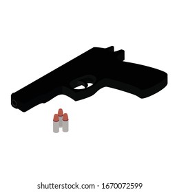 Pistol cañón y balas vista isométrica aislada en fondo blanco. Ametralladora