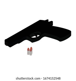 Pistol gun and bullets isometric view isolated on white background. Weapon handgun