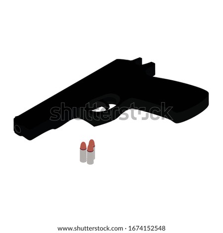 Pistol gun and bullets isometric view isolated on white background. Weapon handgun