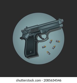 Pistol Gun with Bullets Vector Illustration. Headshot. Weapon Icon Illustration. Pistol Cartoon Logo Vector Flat Cartoon Style