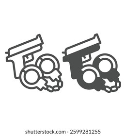 Pistol gun and handcuffs line and solid icon, family lawyer concept. Vector graphics. Handcuffs with pistol, crime responsibility sign on white background, outline style icon for mobile or web design