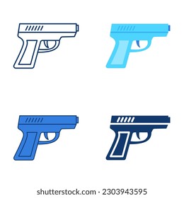 Icono de pistola de pistolas de pistón conjunto en estilo plano y de línea. Ilustración del vector
