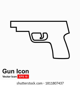 Pistol Gun Linie Vektor Kontur Silhouette einzeln auf weißem Hintergrund. Risiko in Konfliktsituationen. Polizei- und Militärwaffe. Verteidigungsunterstützung gegen feindlichen Aggressor. Antiterrormaßnahmen.