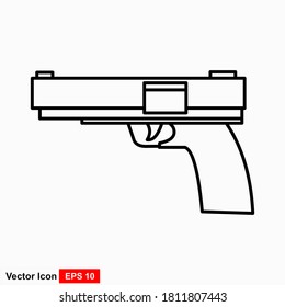 Pistol Gun Linie Vektor Kontur Silhouette einzeln auf weißem Hintergrund. Risiko in Konfliktsituationen. Polizei- und Militärwaffe. Verteidigungsunterstützung gegen feindlichen Aggressor. Antiterrormaßnahmen.