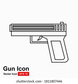 Pistol Gun line Vector contour silhouette isolated on white background. Risk in conflict situation. police and military weapon. Defense help option against enemy aggressor. Anti terrorism action.