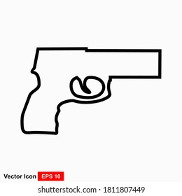 Pistol Gun Linie Vektor Kontur Silhouette einzeln auf weißem Hintergrund. Risiko in Konfliktsituationen. Polizei- und Militärwaffe. Verteidigungsunterstützung gegen feindlichen Aggressor. Antiterrormaßnahmen.