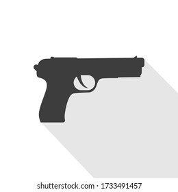 Pistol, gun, weapon with long shadow. Flat design vector icon on white background.