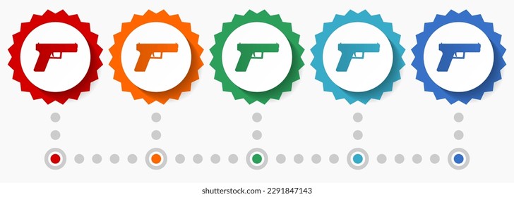 Pistol, pistola, conjunto de iconos vectores de arma, plantilla infográfica colorida, conjunto de iconos de placa de diseño plana en 5 opciones de color