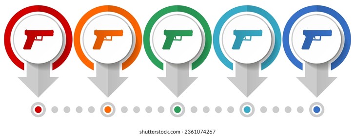 Pistol, pistola, conjunto de iconos de vectores de armas, plantilla de infografía de diseño plano, establecer iconos de concepto de puntero en 5 opciones de color para diseño web y aplicaciones móviles