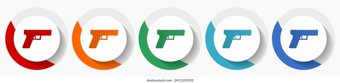 Pistol, gun, weapon vector icon set, flat icons for logo design, webdesign and mobile applications, colorful round buttons