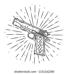 Pistol. Hand drawn vector illustration with pistol and divergent rays. Used for poster, banner, web, t-shirt print, bag print, badges, flyer, logo design and more. 