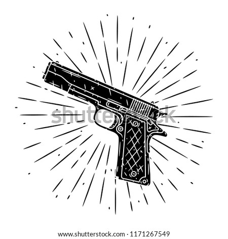 Pistol. Hand drawn vector illustration with pistol and divergent rays. Used for poster, banner, web, t-shirt print, bag print, badges, flyer, logo design and more. 
