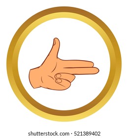 Pistol hand vector icon in golden circle, cartoon style isolated on white background