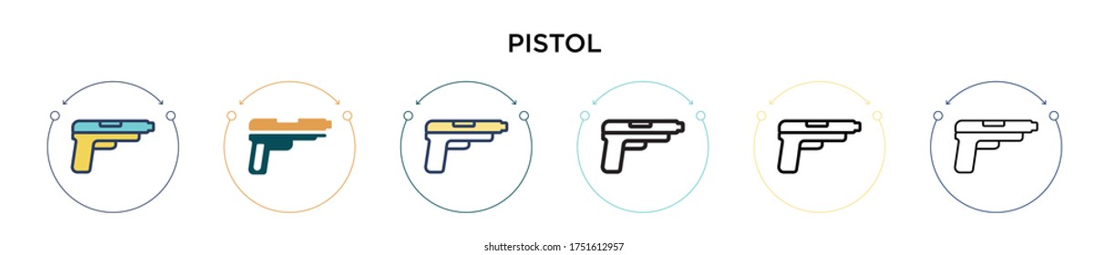 Pistolensymbol gefüllt, dünne Linie, Umriss- und Strichstil. Vektorgrafik von zwei farbigen und schwarzen Vektorgrafik-Symbolen kann für mobile, i, web-basierte