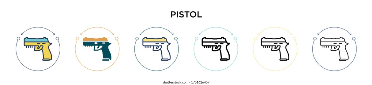 Pistolensymbol gefüllt, dünne Linie, Umriss- und Strichstil. Vektorgrafik von zwei farbigen und schwarzen Vektorgrafik-Symbolen kann für mobile, i, web-basierte