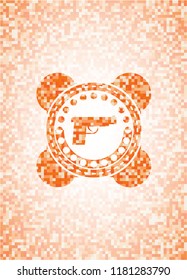 pistol icon inside abstract emblem, orange mosaic background