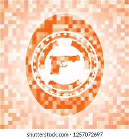 pistol icon inside abstract emblem, orange mosaic background